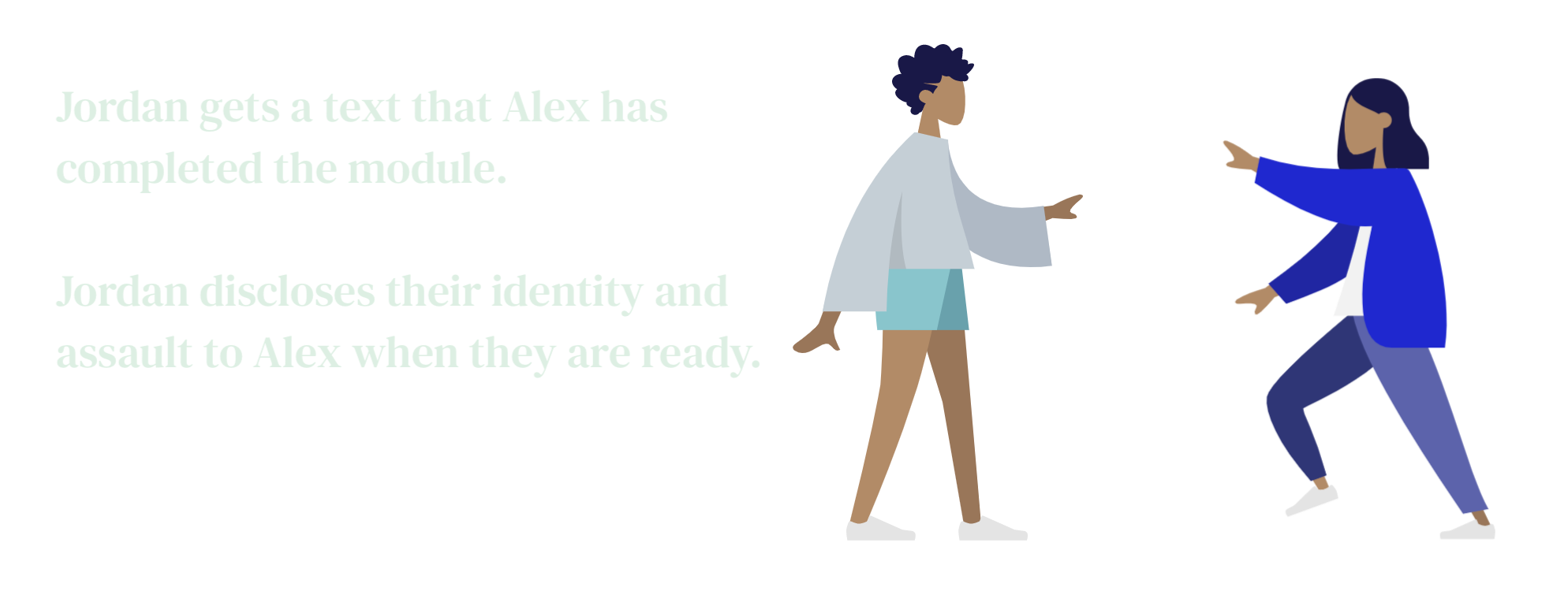 Jordan gets a text that Alex has completed the module. Jordan discloses their identity and assault to Alex when they are ready.
