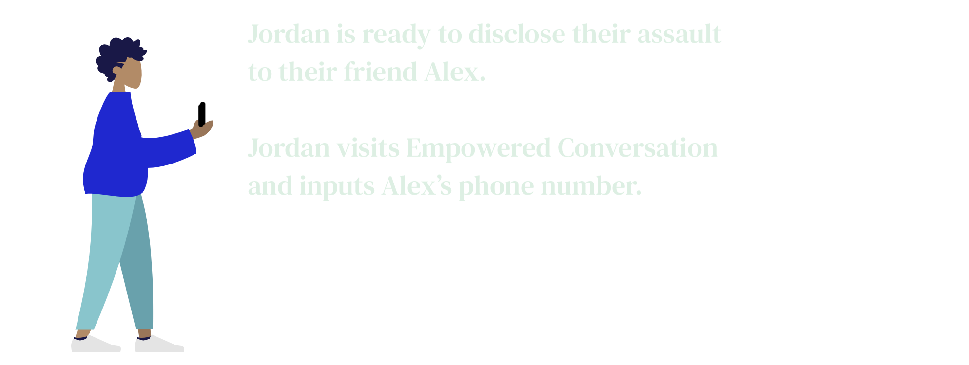 Jordan is ready to disclose their assault to their friend Alex. Jordan visits Empowered Conversation and inputs Alex’s phone number.